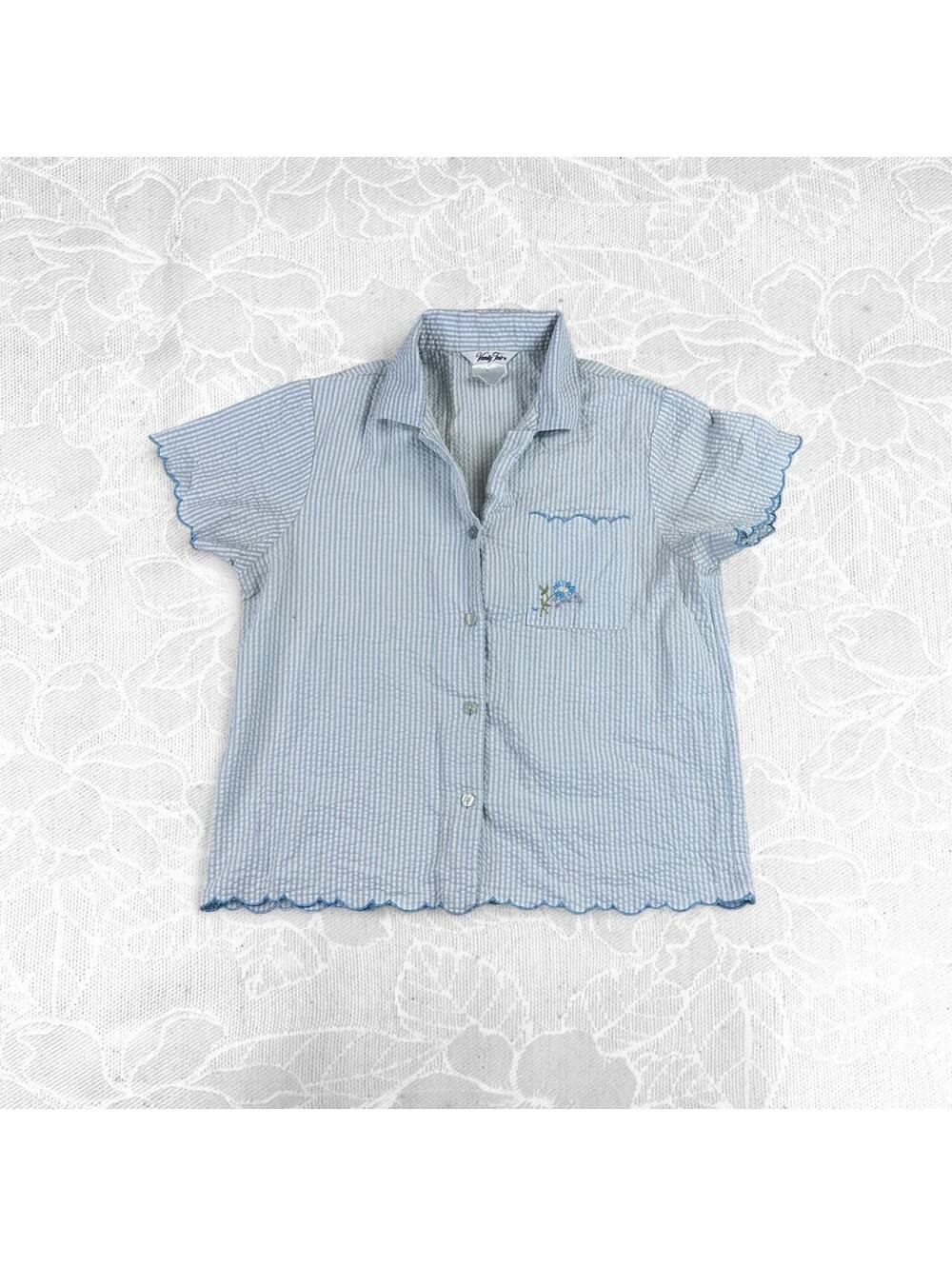 Vanity Fair Vintage Blue and White Seersucker Short-Sleeve Pajama Top - M
